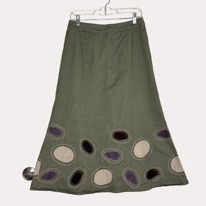 Boden Embroidered Midi Skirt Polka Dot Hem Khaki Green UK 12 US M bv